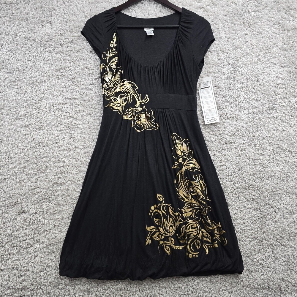 Cache Dress Womens Medium Black Mini Gold Floral Goth Y2K Retro Fairy Grunge